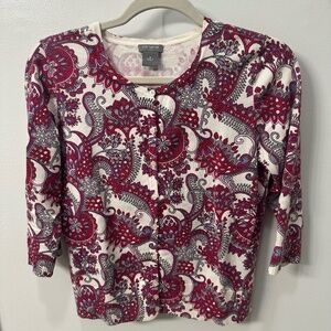 Talbots Women's Cotton 3/4 Sleeve Cardigan Sweater in Red Pink Grey White Sz M